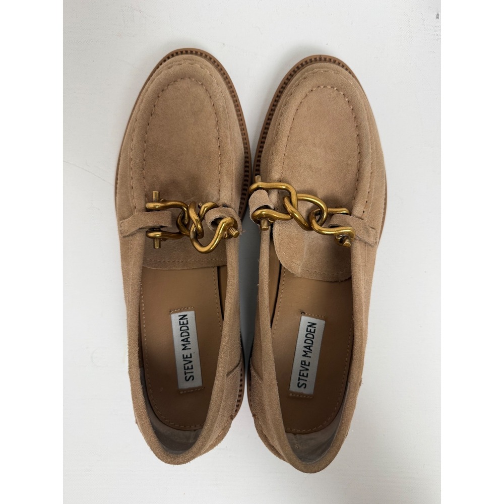Steve Madden Tan Suede Chain Link Loafers Womens Lug Sole Slip On Shoes Sand - Picture 6 of 12